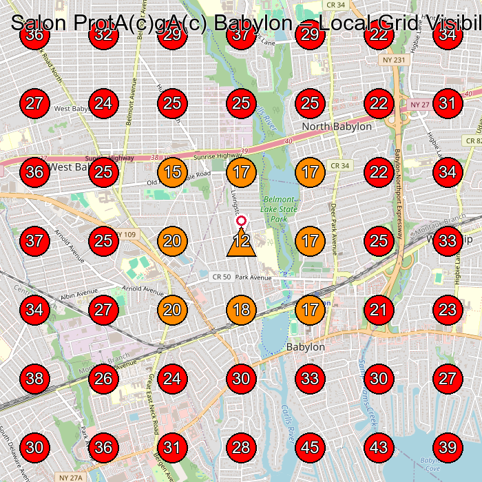 Salon ProtA(c)gA(c) Babylon GeoGrid visibility map for Hair Salon in West Babylon